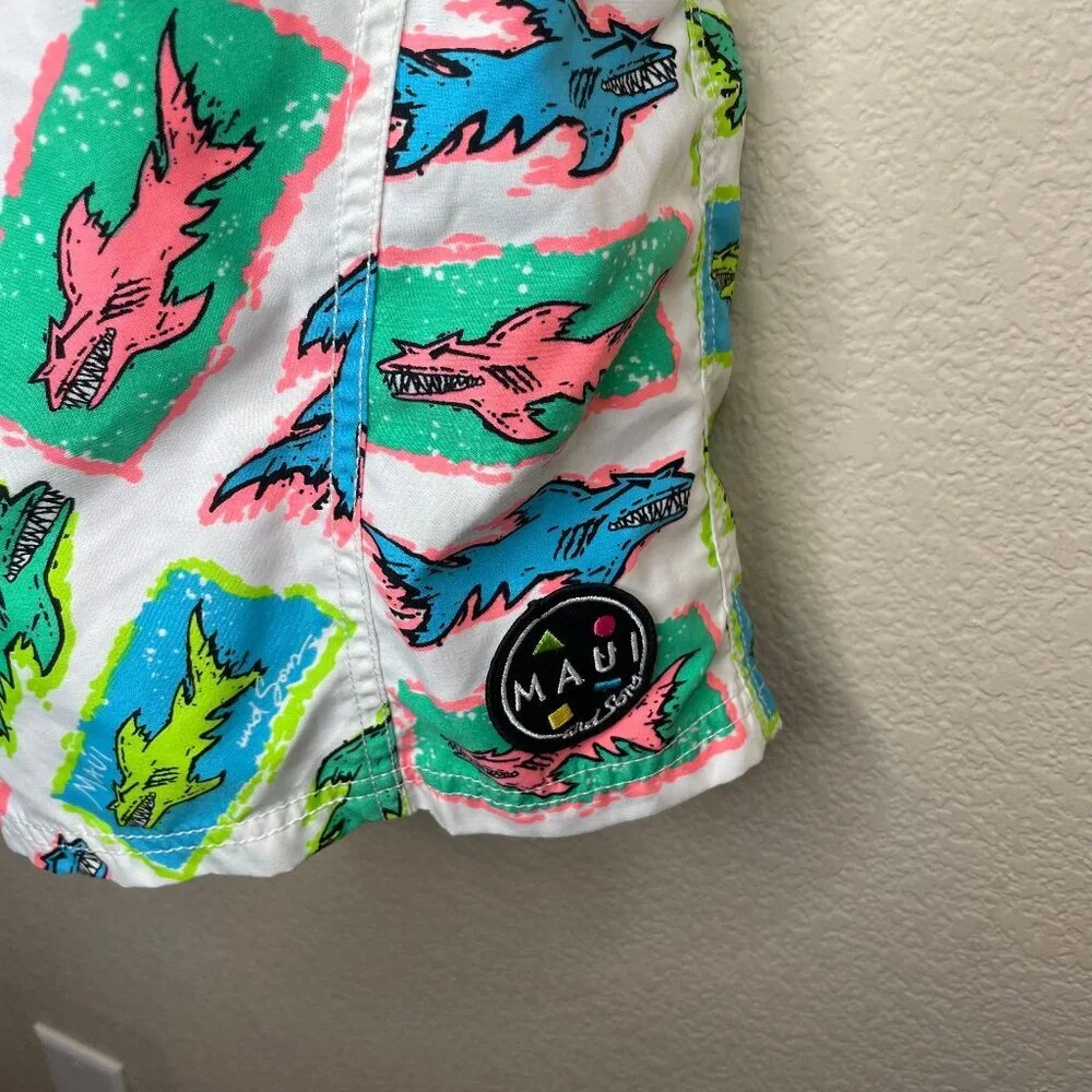 Maui and Sons Vintage 80s Neon Shark Board Shorts Size 32
